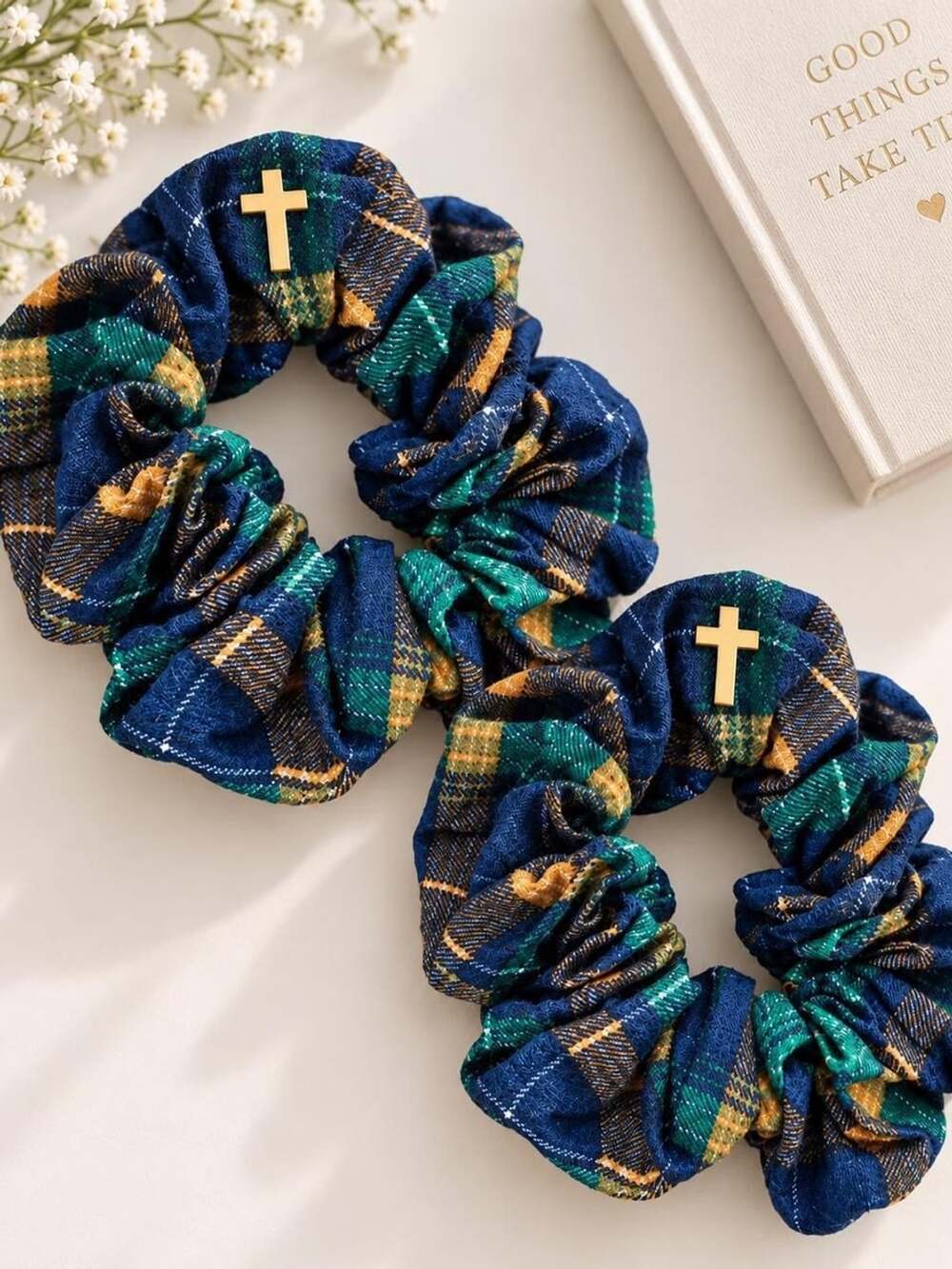 Dark Academia Preppy Plaid Gold Cross Scrunchies Set of 2